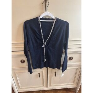 Luisa Cerano Navy Vneck Necklace Blouse Medallion NWT 6 $315 Wool Cashmere Blend